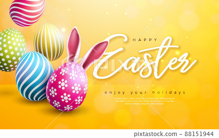 Vector Illustration of Happy Easter Holiday with Colorful Painted Egg on Shiny Yellow Background. International Celebration Design with Typography for Greeting Card, Party Invitation or Promo Banner. 88151944