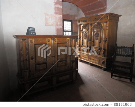 Medieval furniture in chamber of Koenigsbourg castle in Alsace, France Medieval furniture in chamber of Koenigsbourg castle in Alsace, France 88151963