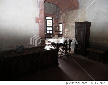 Wooden furniture in chamber of Koenigsbourg castle in Alsace, France Wooden furniture in chamber of Koenigsbourg castle in Alsace, France 88151964