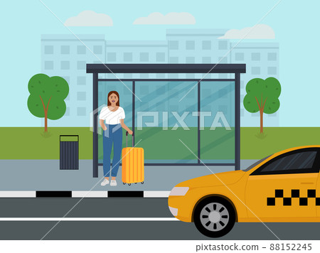 A young girl stands at a bus stop and waits for her taxi A young girl stands at a bus stop and waits for her taxi 88152245
