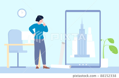 Female architect. Interior designer working on architecture project. Woman engineer construction look at buildings on screen, architecture recent vector concept Female architect. Interior designer working on architecture project. Woman engineer construction look at buildings on screen, architecture recent vector concept 88152338