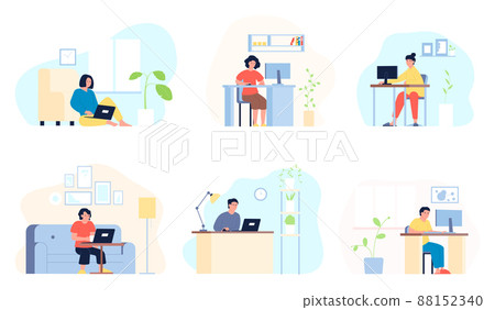People in home office. Person computers education, working with laptop at house. Modern remote work, study and communication recent vector set People in home office. Person computers education, working with laptop at house. Modern remote work, study and communication recent vector set 88152340