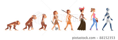Evolution of woman. Hunter girl, homo sapiens and monkey. From primate to human and android. Cartoon fashion adult and primitive prehistoric decent vector characters 88152353