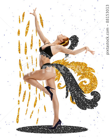 Holiday concept. Contemporary art collage with beautiful young woman in drawn colorful carnival peacock costume. Fun, joy, music Holiday concept. Contemporary art collage with beautiful young woman in drawn colorful carnival peacock costume. Fun, joy, music 88153013