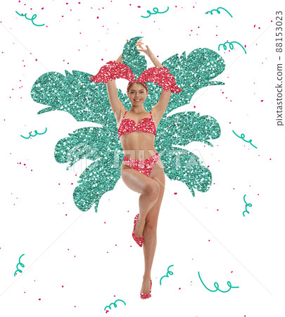 Contemporary art collage with beautiful young woman in drawn colorful carnival stage costume. Concept of festival, holidays, art, fashion Contemporary art collage with beautiful young woman in drawn colorful carnival stage costume. Concept of festival, holidays, art, fashion 88153023