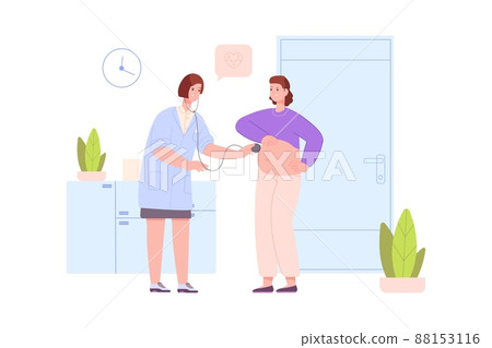 Pregnant woman at obstetrician. Medic midwife check up baby prenatal health with stethoscope, nurse gynaecologist examination birth pregnancy, simplistic vector illustration 88153116