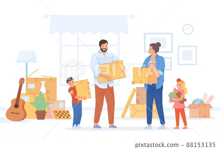 Family packing stuff. Happy characters holding cardboard boxes in room for movers moving house, people and bags delivery cargo, woman mom move new home, swanky vector illustration 88153135