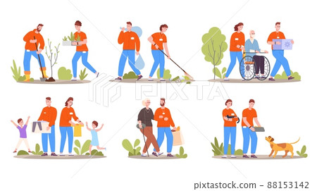 Volunteer help seniors. Volunteering care elder people nursing community, carer blind person, social service donating humanitarian charity, splendid vector illustration Volunteer help seniors. Volunteering care elder people nursing community, carer blind person, social service donating humanitarian charity, splendid vector illustration 88153142