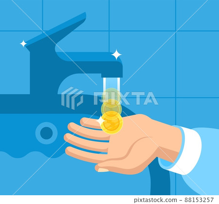 Saving water. Resource control, gold coins dripping from faucet, droplet in hand, consumption expensive clean aqua, environmental global problems, vector cartoon flat ecological concept 88153257