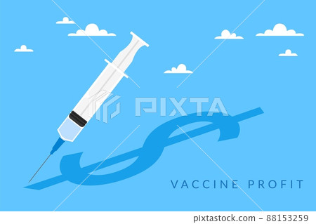 Profit from vaccines. Syringe and dollar shadow on background, earnings of pharmaceutical companies, covid-19 vaccination, vertical banner with copy space. Vector cartoon flat concept 88153259