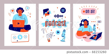 Podcast streaming cards. Bloggers in studio recording, people in headphones with mic, audio entertainment, radio studio icons posters, vertical banners collection, vector cartoon flat set 88153260