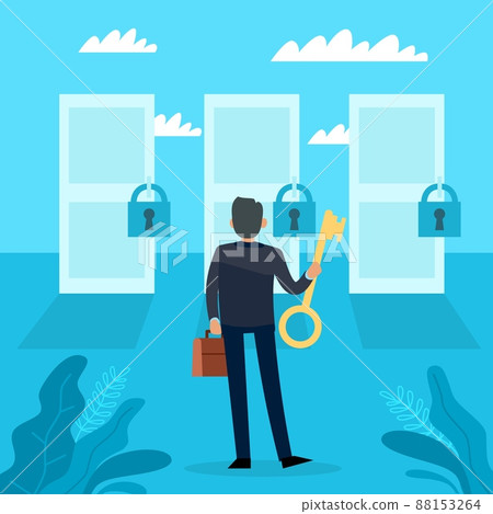 Opportunity. Difficult important choice, alternative ways of development. Man searching successful way, businessman holding key to different doors. Vector cartoon flat isolated concept 88153264