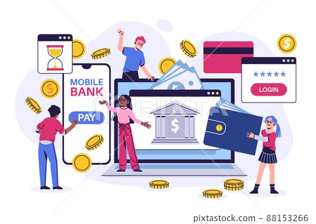 Mobile banking people. Electronic wallet app, online payments from personal account, virtual shopping, men and women with money and golden coins, vector cartoon flat isolated concept Mobile banking people. Electronic wallet app, online payments from personal account, virtual shopping, men and women with money and golden coins, vector cartoon flat isolated concept 88153266