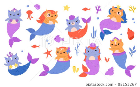 Mermaids cats. Little funny kittens with fish tails and scales, cute fairy ocean creatures, underwater magic fauna, colorful sea animals, girly doodle stickers collection 88153267