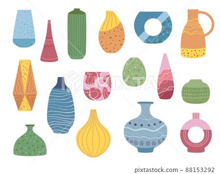 Ceramic vases. Modern pottery, different contemporary shapes, isolated interior ware, cozy home decor items and patterned pots 88153292