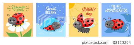Cartoon ladybug cards. Baby pretty insects, childish cartoon beetle characters, cute red beetle sitting on leaf or flower, funny square posters with text. Spring, summer seasons vector set Cartoon ladybug cards. Baby pretty insects, childish cartoon beetle characters, cute red beetle sitting on leaf or flower, funny square posters with text. Spring, summer seasons vector set 88153294