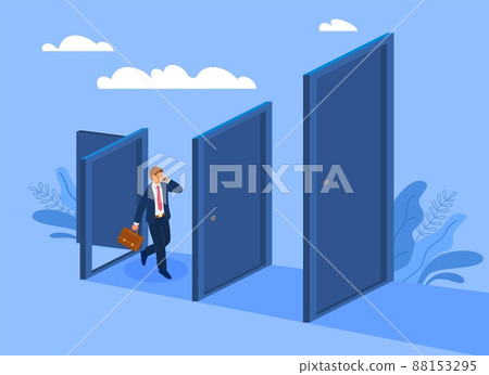 Business prospects. Promotion of career, career growth and development, small steps to achieve goal, strategy and project planning, businessman goes through door vector cartoon flat concept 88153295