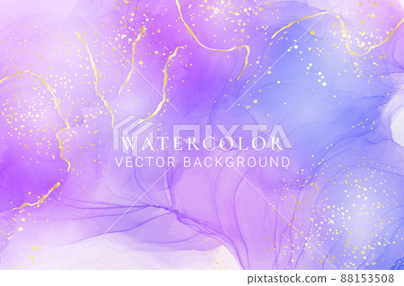 Violet lavender liquid watercolor marble background with golden lines. Pastel purple periwinkle alcohol ink drawing effect. Vector illustration design template for wedding invitation, menu, rsvp 88153508