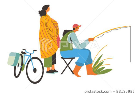 Couple fishing by river or pond, summer recreation Couple fishing by river or pond, summer recreation 88153985