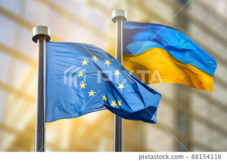 Flags of European Union and Ukraine 88154116