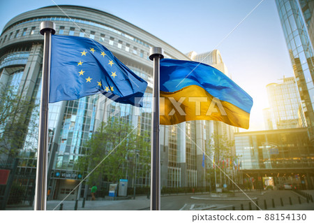 Flags of Ukraine and European Union in Brussels 88154130