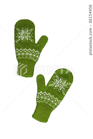 pair of green knitted mittens with christmas pattern isolated on pair of green knitted mittens with christmas pattern isolated on 88154956