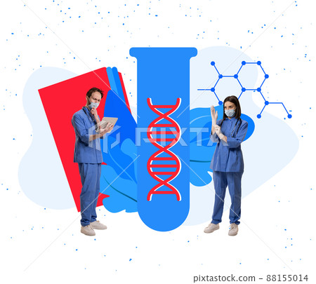 Two doctors discuss modern treatment of different diseases. Contemporary creative art collage. Concept of pharmacy, medicine, healthcare 88155014