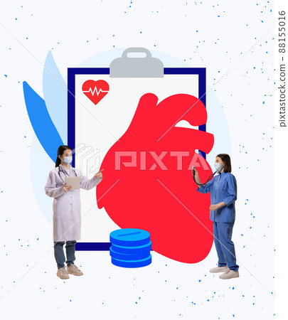 Contemporary creative art collage. Female doctor and assistant isolated on drawn red heat background. Concept of pharmacy, medicine, healthcare 88155016