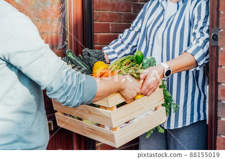 Home fresh food delivery. Woman taking wooden box with vegetables and fruits. Support local farmer food production . New Start of a healthy life, weight loss concept. Online food order. Recipe box 88155019