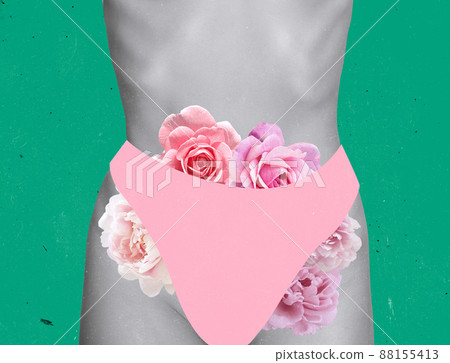 Contemporray art collage. Beautiful female bosy with flowers appearing from bikini zone isolated on green background Contemporray art collage. Beautiful female bosy with flowers appearing from bikini zone isolated on green background 88155413