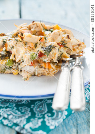 Serve the omelet with vegetables and chicken Serve the omelet with vegetables and chicken 88156141