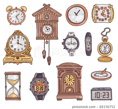 Clocks and watches hand drawn collection, doodle vector illustration isolated. Clocks and watches hand drawn collection, doodle vector illustration isolated. 88156752