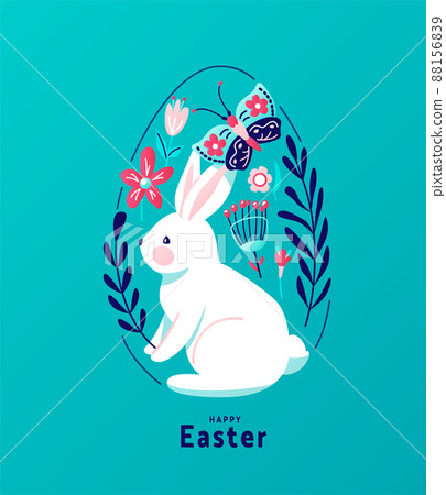Happy easter greeting vector illustration. Funny white easter bunny with cute butterfly sit surrounded flowers, leaves and floral elements, decorated in egg shape. Isolated on white background Happy easter greeting vector illustration. Funny white easter bunny with cute butterfly sit surrounded flowers, leaves and floral elements, decorated in egg shape. Isolated on white background 88156839