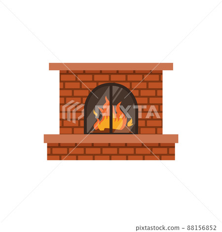 Traditional brick fireplace with fire behind glass, flat vector illustration isolated on white background. Traditional brick fireplace with fire behind glass, flat vector illustration isolated on white background. 88156852