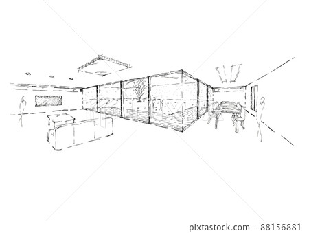 Interior perspective with living and dining surrounding the courtyard 88156881