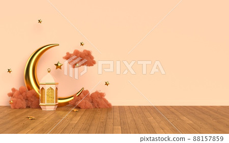 Islamic 3d rendering scene with arabic lantern, golden crescent, clouds on the wooden floor. Eid Mubarak and Ramadan Kareem. Islamic 3d rendering scene with arabic lantern, golden crescent, clouds on the wooden floor. Eid Mubarak and Ramadan Kareem. 88157859