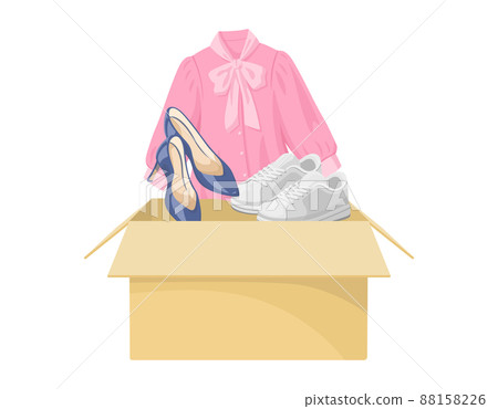 Women's clothes and shoes in a cardboard box. Illustration of packing/unpacking clothing. Moving, storage, delivery. Women's clothes and shoes in a cardboard box. Illustration of packing/unpacking clothing. Moving, storage, delivery. 88158226