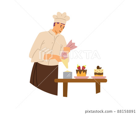 Baker or confectioner decorating cakes, flat vector illustration isolated. 88158891