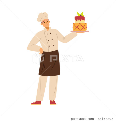 Confectioner presents birthday or wedding cake, vector illustration isolated. 88158892