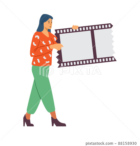 Video editor female character with video tape flat vector illustration isolated. 88158930