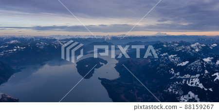 Aerial Panoramic View of Canadian Mountain Landscape in winter season Aerial Panoramic View of Canadian Mountain Landscape in winter season 88159267