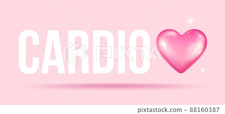 Vector illustration of a pink heart with pulse and text of cardio in realistic style. Heart and pulse in 3d style. 88160387
