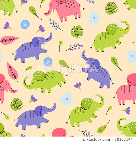 Cartoon Color Doodle Cute Elephant Animal Seamless Pattern Background Kids Flat Design Style. Vector illustration 88162144