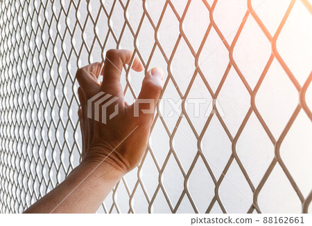 Hand holding steel mesh, The prisoner's hand captured the steel grate for freedom. The prisoner wants freedom. Man lack of Independence. Cross processing and Split tone Instagram-like process. Hand holding steel mesh, The prisoner's hand captured the steel grate for freedom. The prisoner wants freedom. Man lack of Independence. Cross processing and Split tone Instagram-like process. 88162661