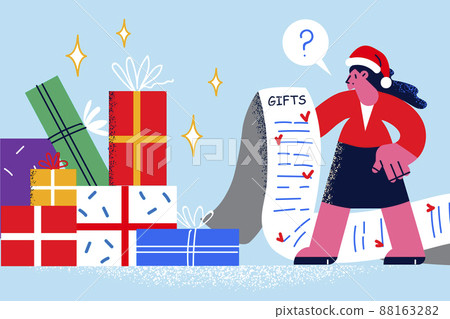 Woman with list prepare presents for Christmas Woman with list prepare presents for Christmas 88163282