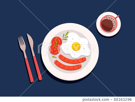 Fried egg, sausage and tomatoes on a plate, a cup of coffee. Breakfast concept, flat lay. Vector illustration of cooked food Fried egg, sausage and tomatoes on a plate, a cup of coffee. Breakfast concept, flat lay. Vector illustration of cooked food 88163296