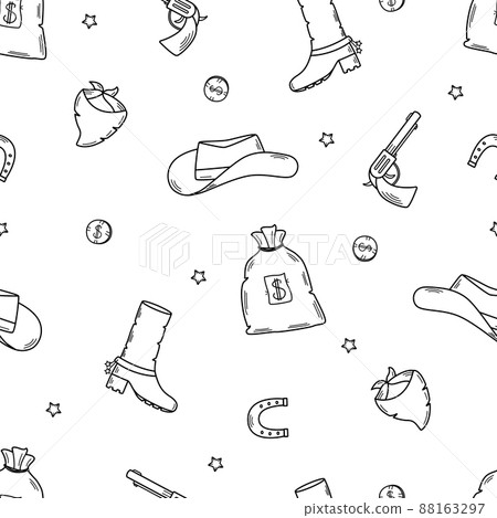 Seamless pattern wild west set of vector illustrations. Cowboy western elements icon. hat, neckerchief, boots, horseshoe, bag and money, pistol 88163297