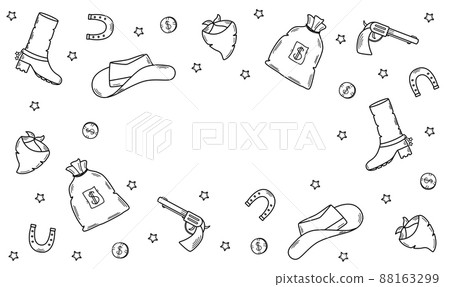 Wild West set of vector illustrations. Cowboy western elements icon. hat, neckerchief, boots, lasso, horseshoe, bag and money, pistol and cigarette Wild West set of vector illustrations. Cowboy western elements icon. hat, neckerchief, boots, lasso, horseshoe, bag and money, pistol and cigarette 88163299