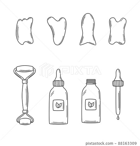 A set of trendy gua sha scrapers made of natural stone and cosmetic oil, roller massager for facial care. Vector illustration skin care concept 88163309