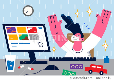 Happy child in facemask have webcam class on computer Happy child in facemask have webcam class on computer 88163310